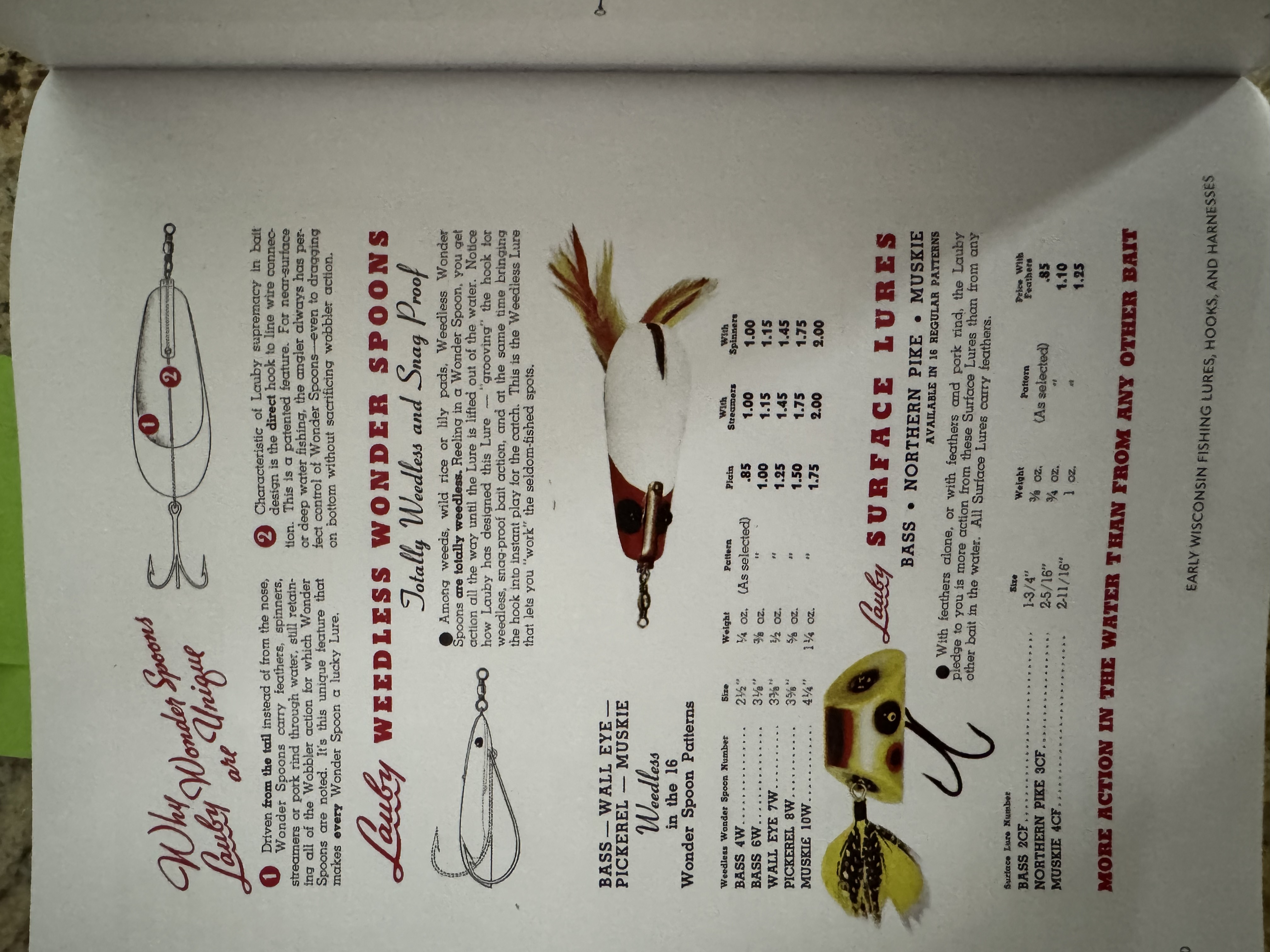 Explaining the action: The complete 1939 catalog plate explaining Wonder Spoon action and presenting Weedless Wonder Spoons and Surface Lures, with their advertised sizes and prices. Reproduced in Christopher Slusar’s history, p. 370.