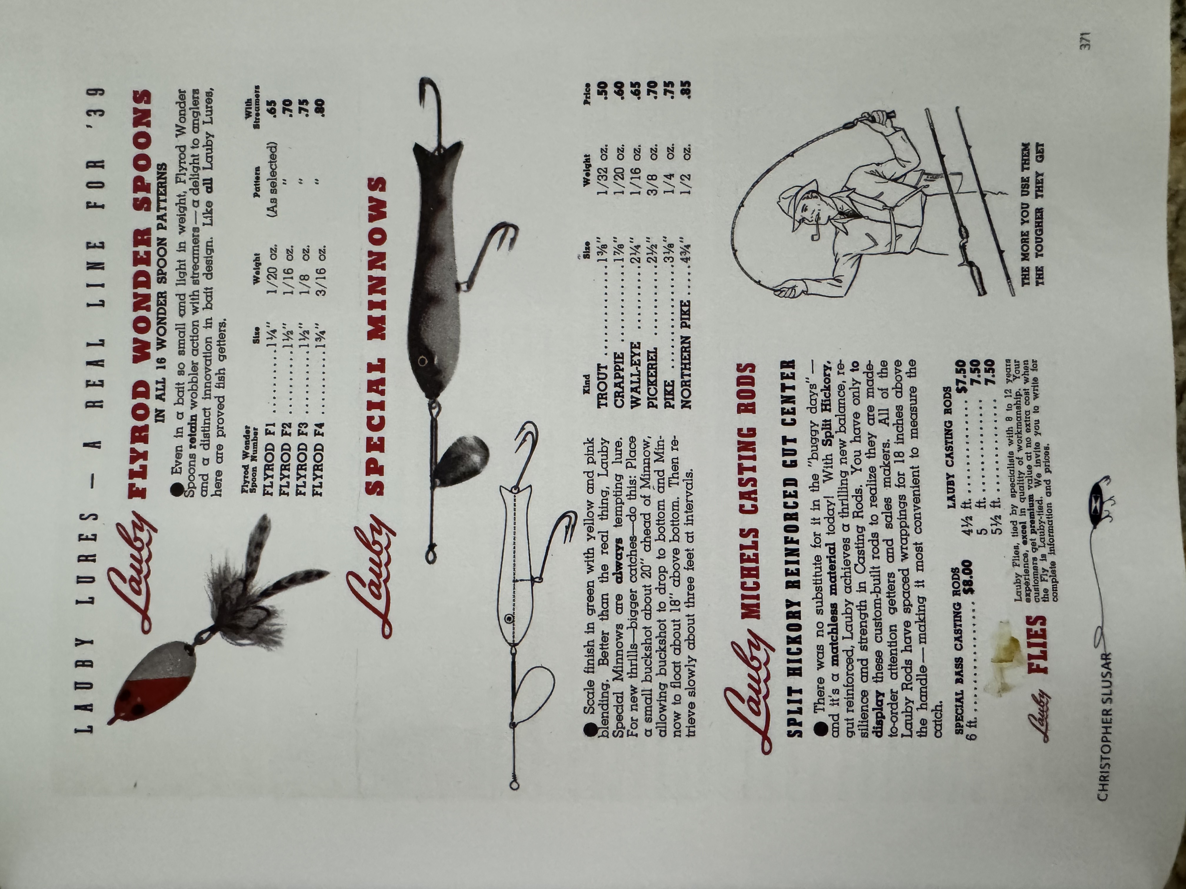A broader range of baits: The complete 1939 catalog plate for Flyrod Wonder Spoons, Special Minnows, Michels casting rods and flies. Reproduced in Christopher Slusar’s history, p. 371.
