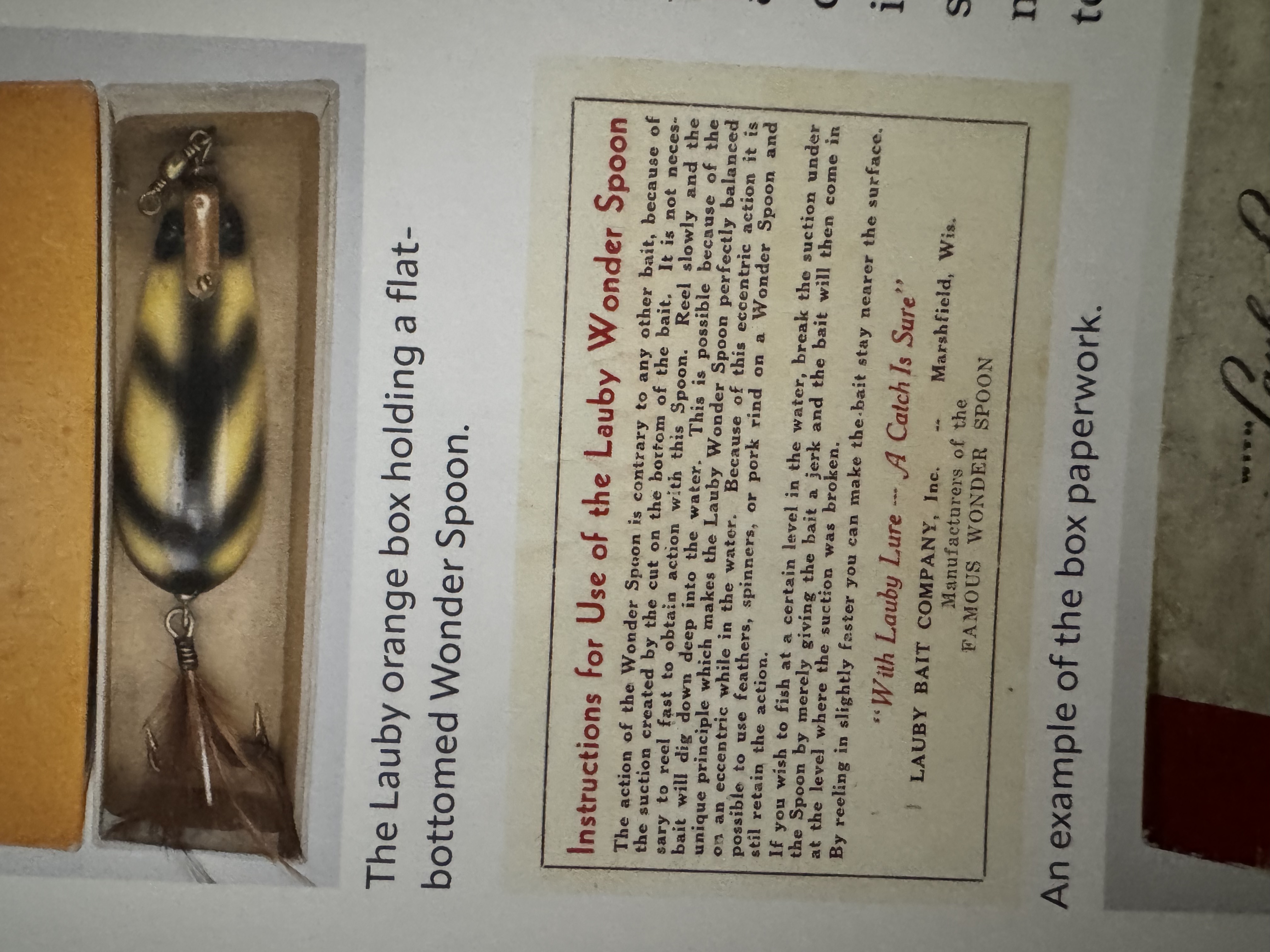 The maker’s instructions: The complete Wonder Spoon instruction sheet reproduced in Slusar, p. 372. The maker explains how retrieve speed affects the lure’s depth.